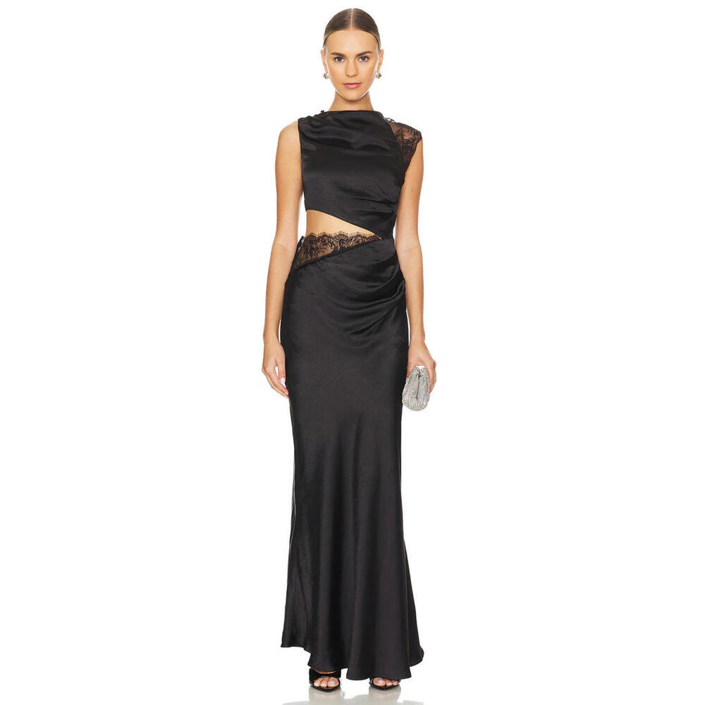 Misha Kimora Maxi Dress BLACK Bodice cut-out Satin fabric lace trim XL $480msrp